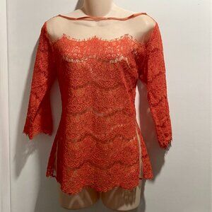 Orange Lace Mesh Boatneck Boho Fairy 3/4 Sleeve Holiday Event Y2K Fitted Top M